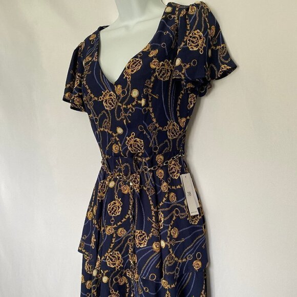 Navy Blue and Gold Chain Print Dress - Picture 4 of 12